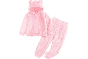 Flygo Girls Fuzzy Pants Set Crop Hoodie Bear Ear Two Piece Outfits Fluffy Sweatshirt and Fleece Pants Sweatsuit