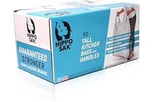 Hippo Sak - Tall Kitchen Garbage Bags with Ergonomic Handles - 13 Gallon Trash Bags - Super Strong, Patented Reinforced Bottom and Leak Proof Tall Kitchen Trash Bags - Heavy Duty Trash Bags (90 Count)