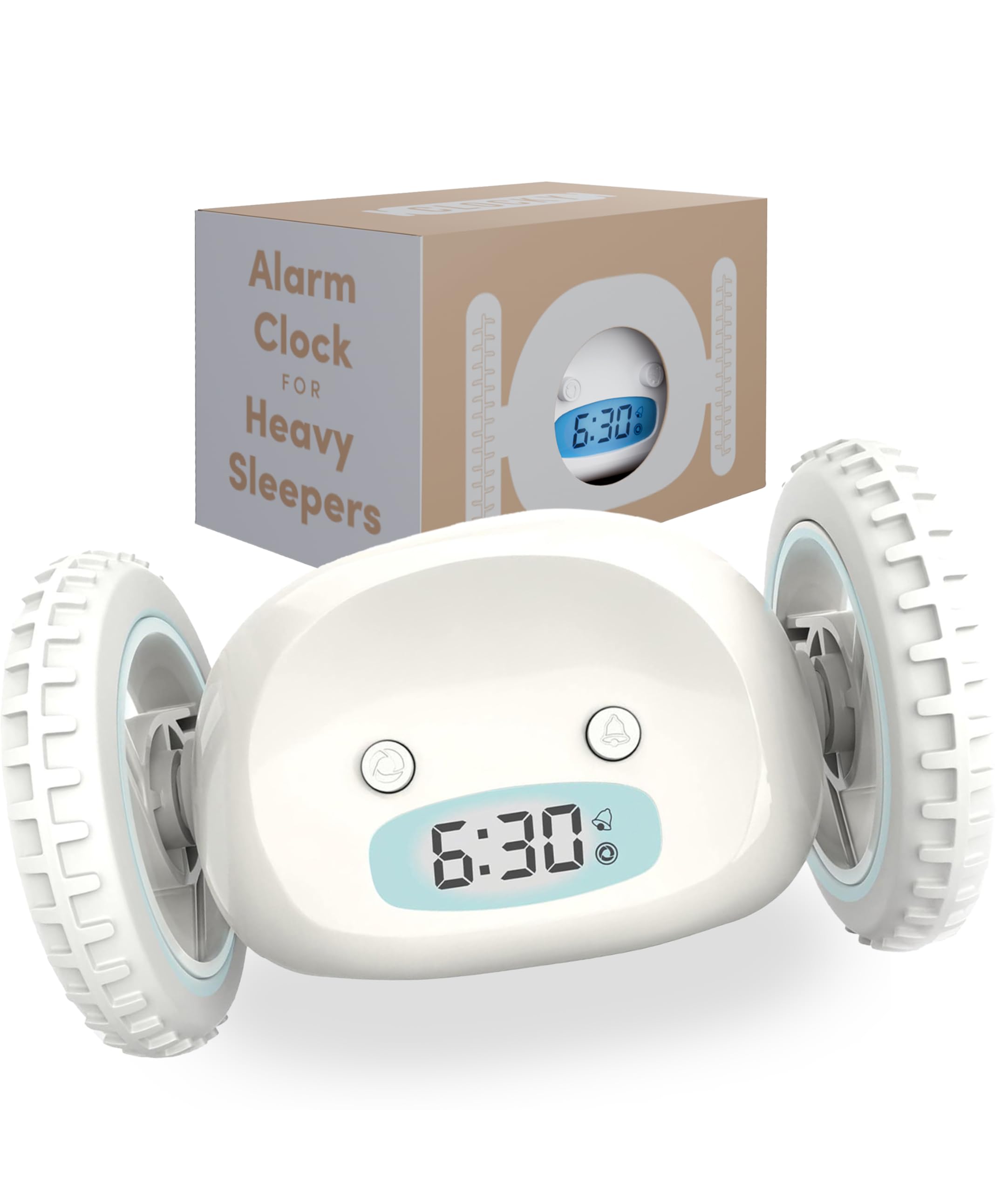 CLOCKY Alarm Clock on Wheels (Authentic) | Extra Loud for Heavy Sleeper (Adult or Kid Bed-Room Robot Clockie) Funny, Rolling, Run-away, Moving, Jumping (White)