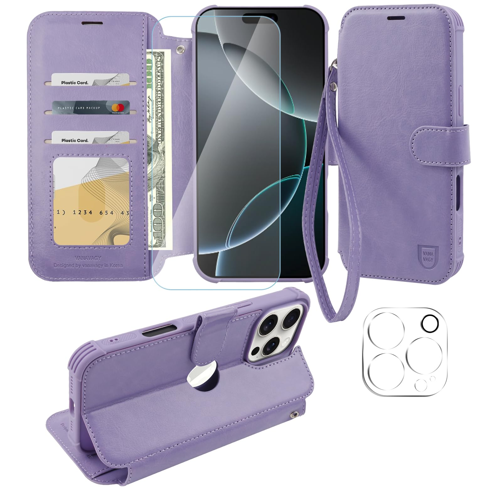 VANAVAGY Compatible for iPhone 16 Pro Wallet Case, 12ft Drop Protection, RFID Blocking PU Leather Flip Cover, Card Holder & Kickstand, Shockproof Phone Case for 16 Pro-6.3 Inch,Clove Purple