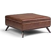 SIMPLIHOME Owen 36 inch Wide Mid Century Modern Square Coffee Table Storage Ottoman in Distressed Saddle Brown Vegan Faux Lea