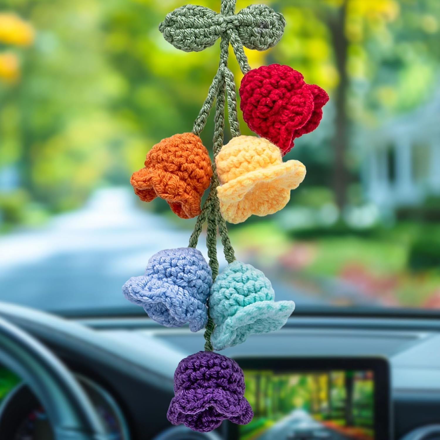 ARTHLBF Car Mirror Hanging Accessories Rear View Mirror Accessories Hanging Decor Cute Bellflower Hand Knitted Car Pendant Bellflower Hand Knitted Pendant (1 PCS/6 Flowers, Colorful)
