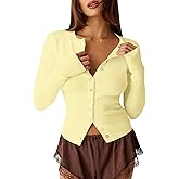 KIGRAD Womens Open Front Button Up Cropped Cardigan Ribbed Knit Long Sleeve Shirt Casual Solid Crop Top Cardigan Sweater