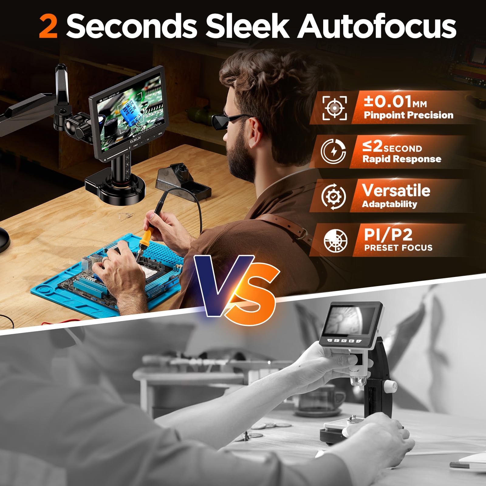 Elikliv Autofocus 4K HDMI Digital Microscope, EM4K-AF Flex Arm Soldering Microscope for Adults, 10.1