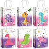 Jeffbaubl 24 Pcs Dinosaur Party Favor Bags, Dinosaur Themed Gift Bags with Handle, Dino Candy Treat Goodies Favors Bag, Treat Bag for Gifts Wrapping Dino Birthday Party Supplies(Pink, Purple)