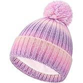 Girls Winter Knit Beanie with Pom - Warm Fleece Lined Hat Ages 3-8, Colorful Cable Knit, Cuffed Edge