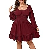 Womens Plus Size Dress Casual Long Lantern Sleeve Square Neck Textured Ruffle Flowy Ruched A-Line Mini Dresses for Women