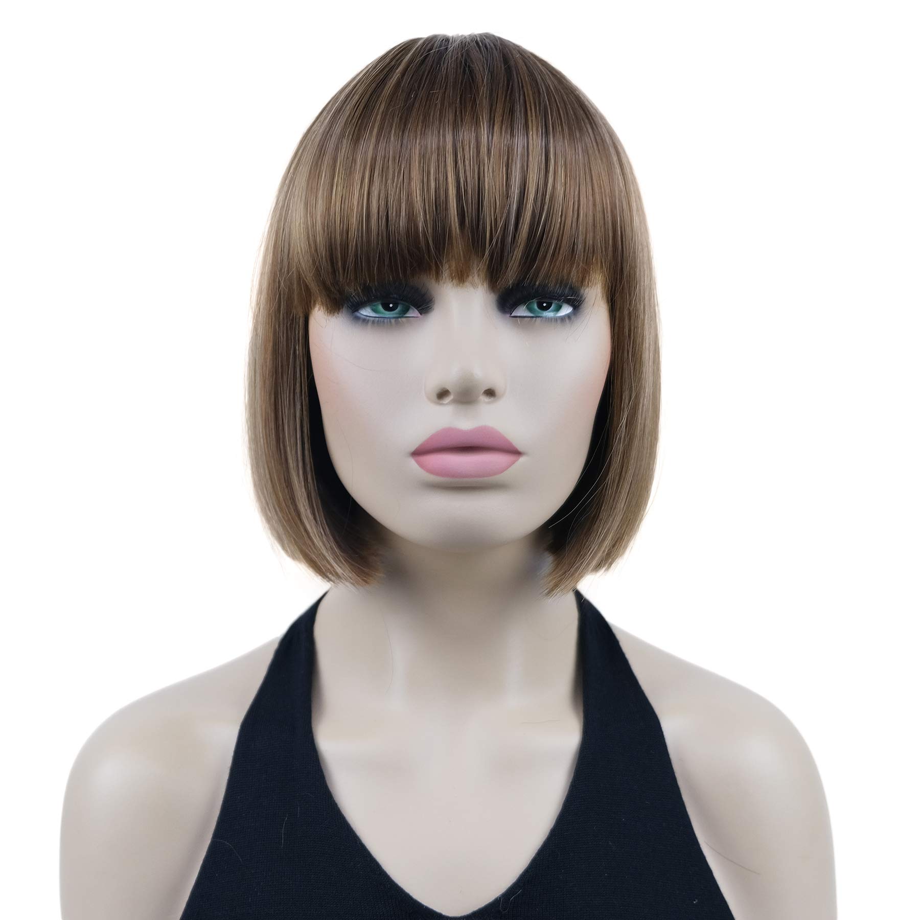 Lydell 8" Short Bob Hair Flat Bangs Cute Central Dot Skin Top Heat Resistant Synthetic Wigs (V6 Light Reddish Brown with Blonde Highlight)
