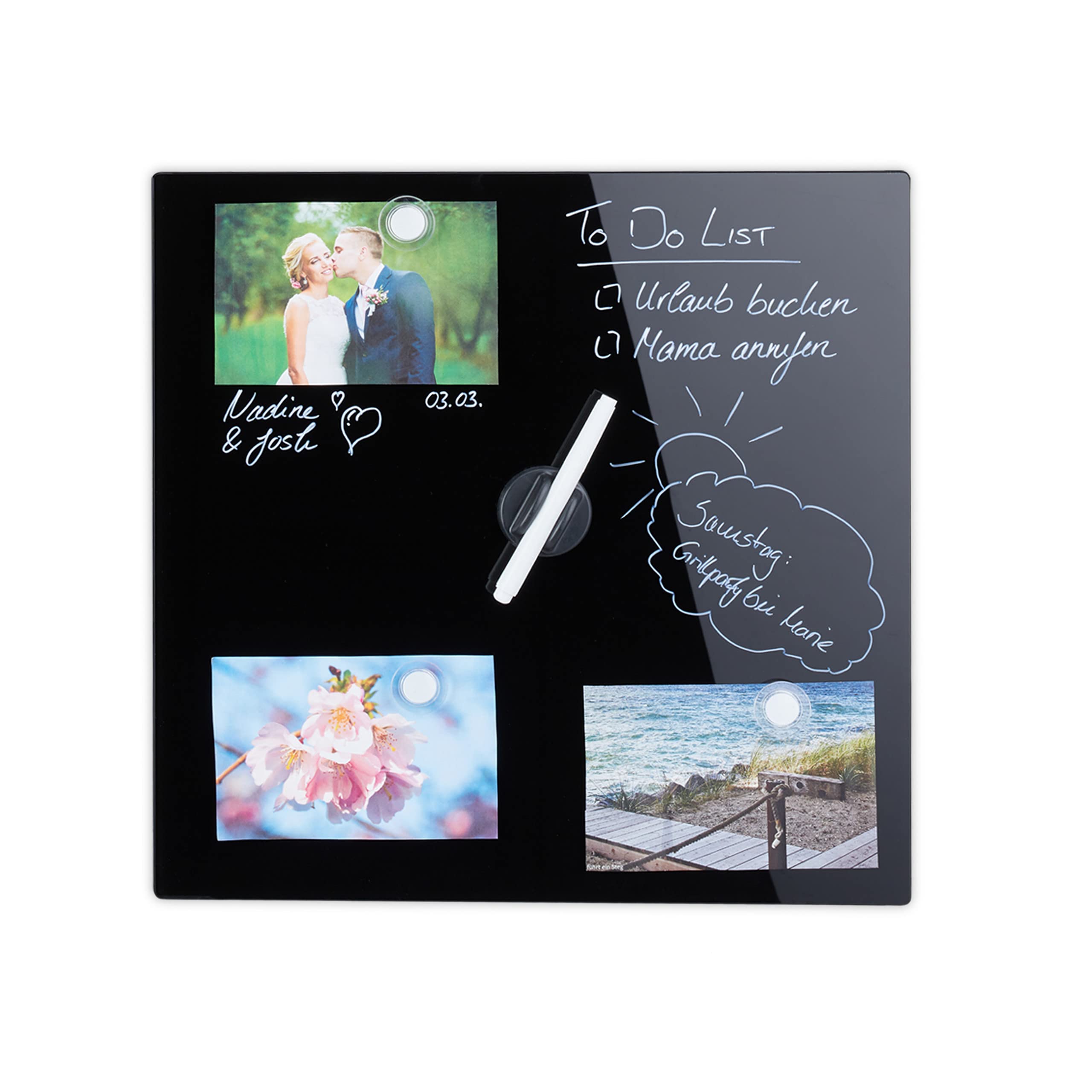 Relaxdays Dry Erase Memo, Writable, 3, Safety Glass Magnet Board 40 x 40 cm, Black, Steel