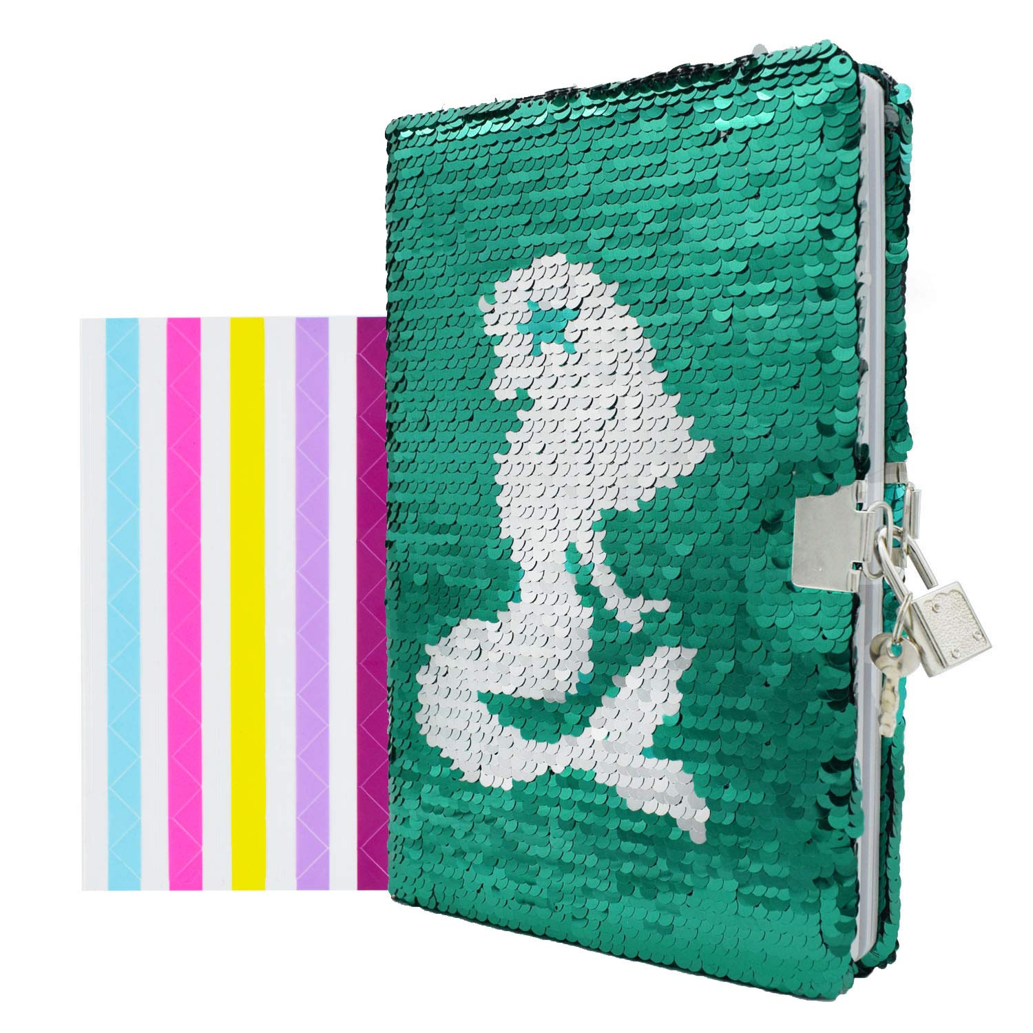 VIPbuy Reversible Sequin Notebook Diary with Lock and Key Lined Travel Journal w/Photo Corner for Kids Girls Gift, Size A5 (215 x140mm), 156 Pages, Mermaid