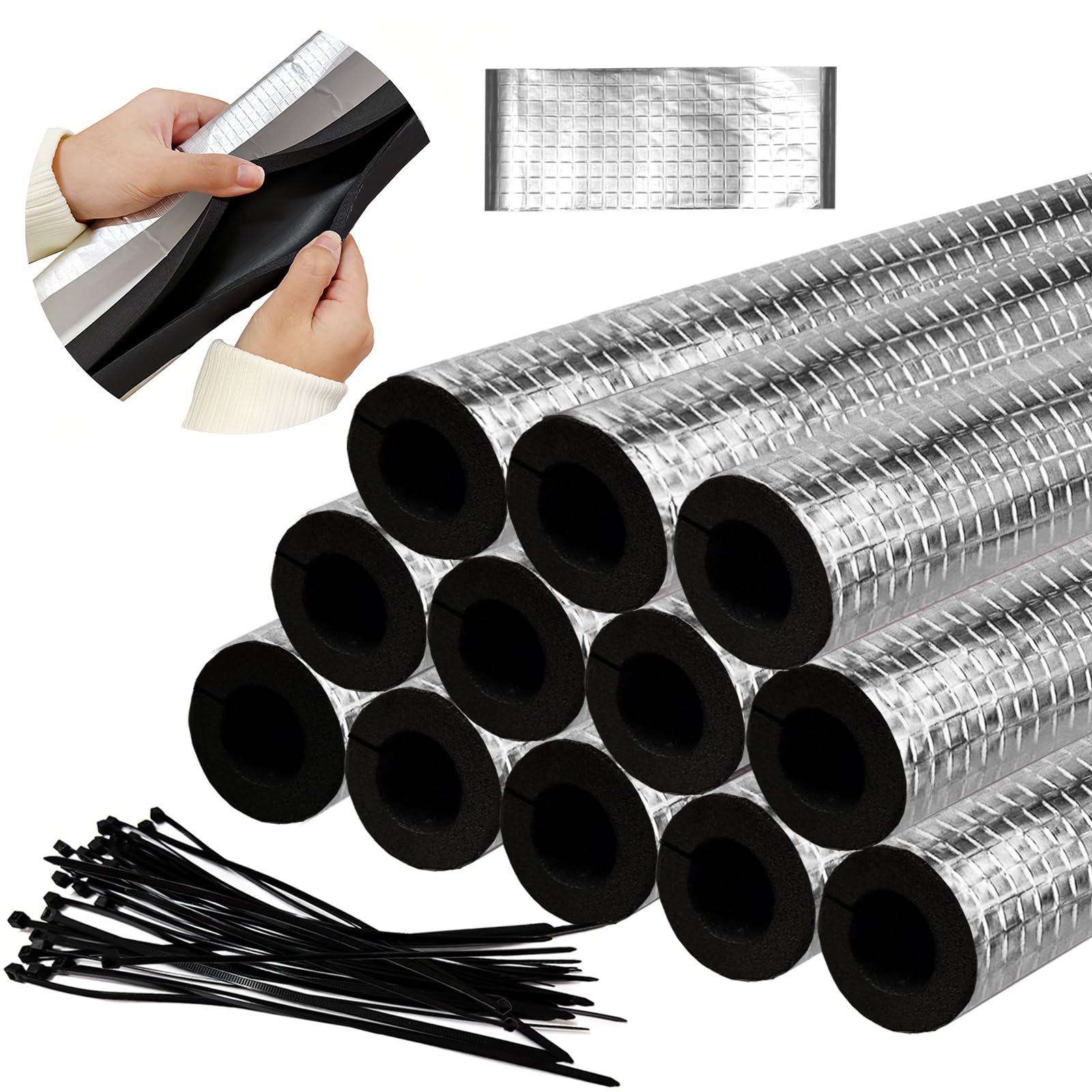 Photo 1 of 12 Pack Insulation Foam Tube,Self Adhesive Insulation Foam Wrap with Seam Tape and Zip Ties,Aluminum Foil Pipe Covers for Spigot,Sprinkler,Winter Outside Pipes,1.3 Ft x 0.8 Inch