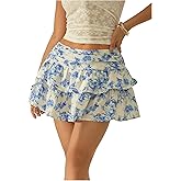 MakeMeChic Women's Summer Floral Ruffle A Line Skirt Tiered Layer Ruched Boho Mini Skirts