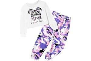CRISONE Girl Outfits Long Sleeve Printed Crop Tops + Camouflage Pants 2pcs Fall Winter Clothes Set