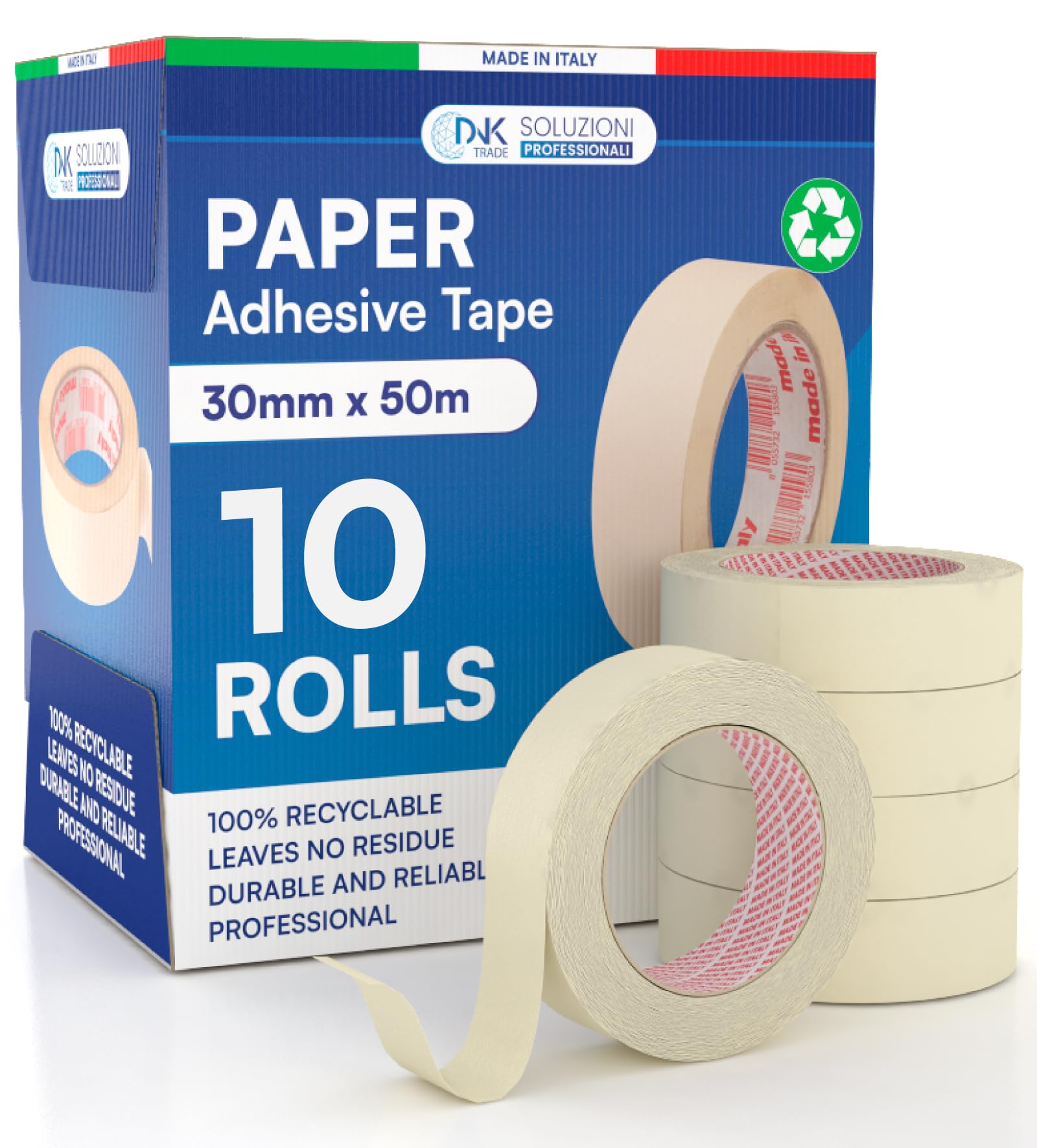 DNK TRADE Paper Tape - 10 Rolls of Painter's Tape 30mm x 50m - Professional 30x50 Recyclable Gummed Paper for Masking Painting and Whitewashing