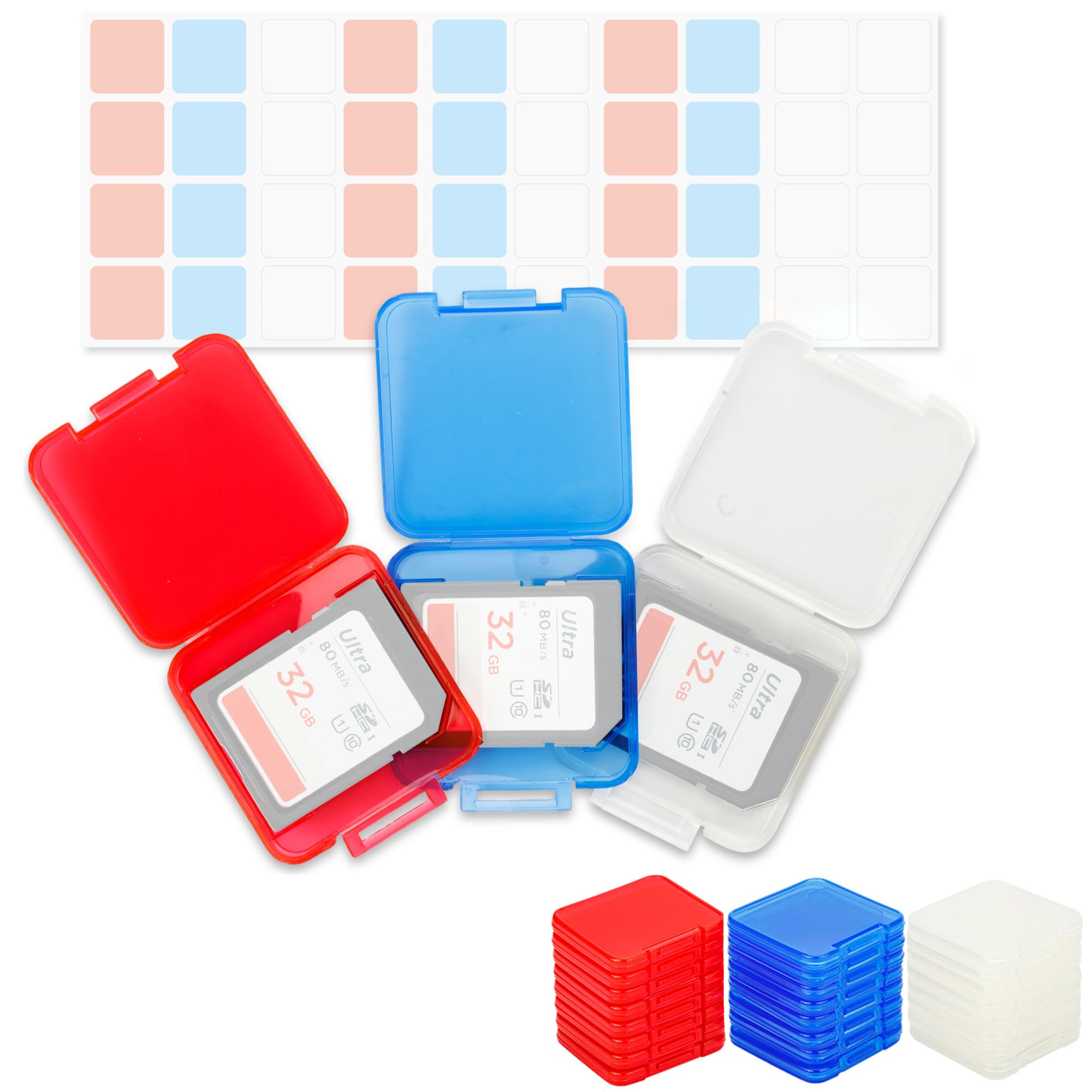 Kiorafoto 24 PCS Multi-Color Clear Plastic SD Card Case Holder for 24 SD SDXC SDHC Cards, Transparent Standard Memory Card Case Jewelery Box Storage Organizer with Labels