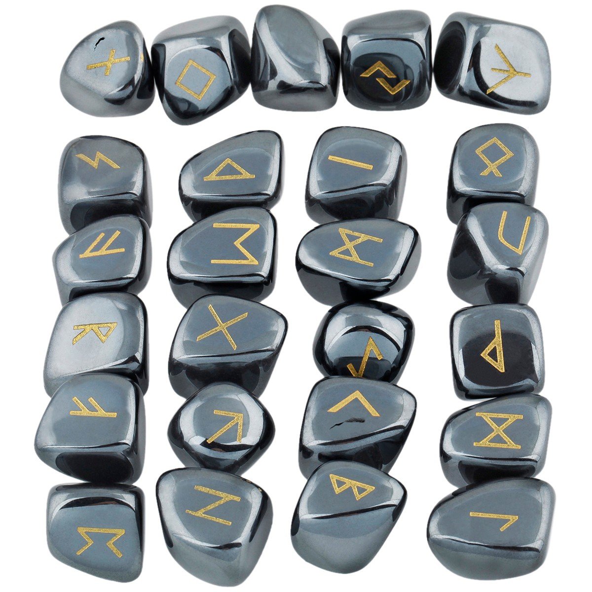 mookaitedecor Rune Stones Set with Engraved Elder Futhark Alphabet Crystal Meditation Divination, Hematite