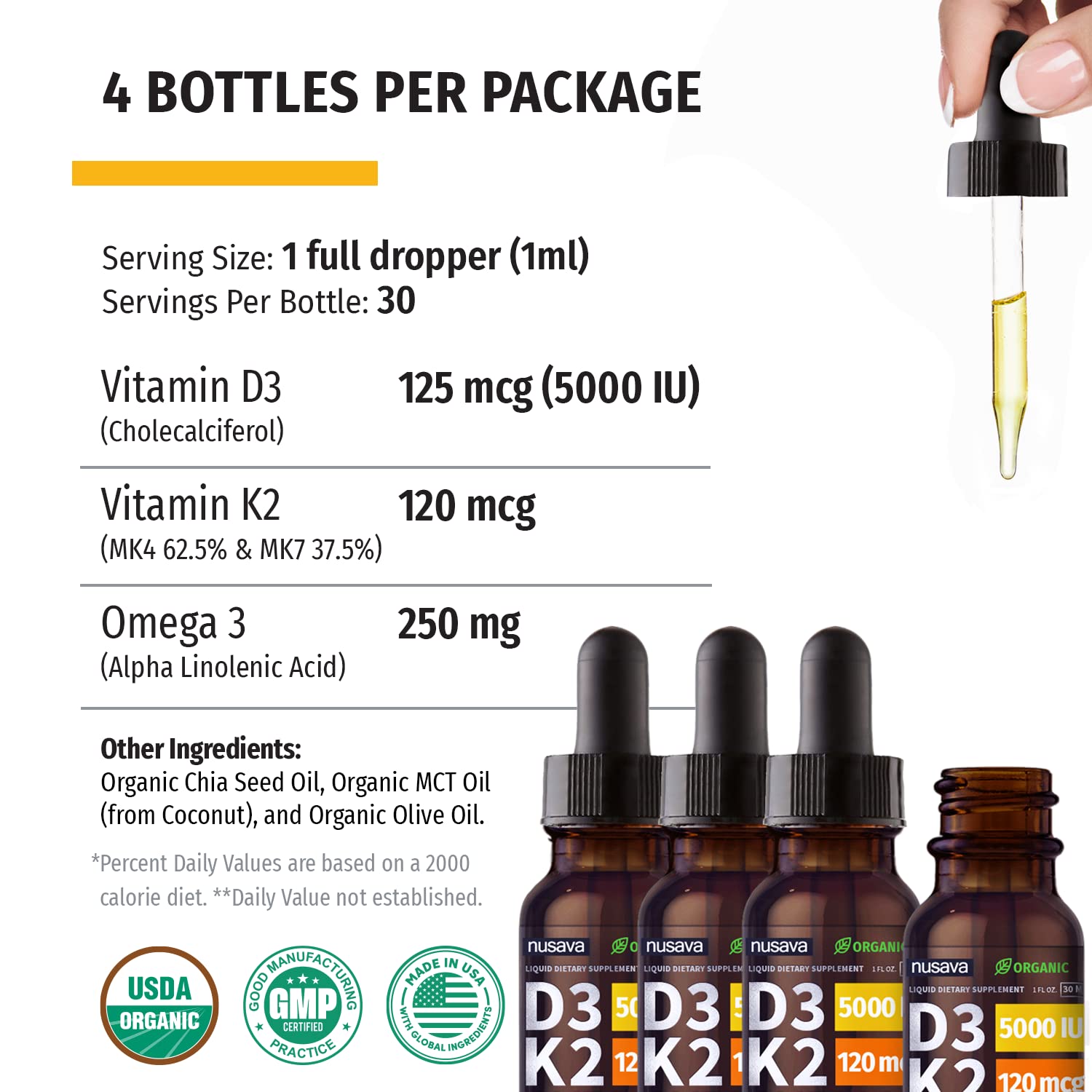 NUSAVA Unflavored D3 K2 Liquid Drops (4 Pack) and Chlorophyll Liquid Drops (2 Pack) Bundle - Potent Liquid Vitamins for Heart, Joint, Energy, & Immune Support - Non-GMO, Gluten-Free