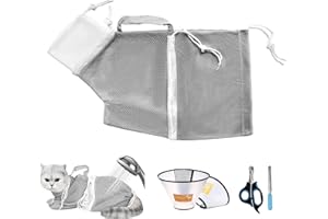 MSMUOEZ Adjustable Multifunctional Anti-Bite Shower Net Bag，Suitable for Puppies and Cat Grooming Mesh Bag, Cat Bathing Bag，Small Dogs, Cats Available Collars and Nail Clippers (Grey)