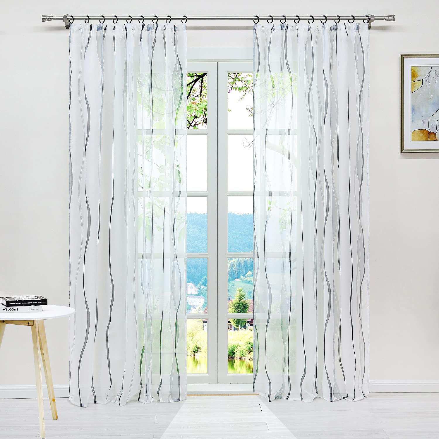 ESLIR Curtains with Ruffle Tape Transparent Tab-Top Curtain Waves Pattern Voile Grey W x H 140 x 175 cm Pack of 1 — image 1