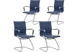 Wahson Office Guest Chairs No Wheels & Reception Chairs, Leather Waiting Room Chair Mid Back Conference Chairs with Sled Base for Meeting/Lobby/Restroom, Navy Blue (4 Pack)