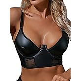 SHENHE Women's PU Leather Underwired Bra Contrast Mesh Hollow Out Longline Bra