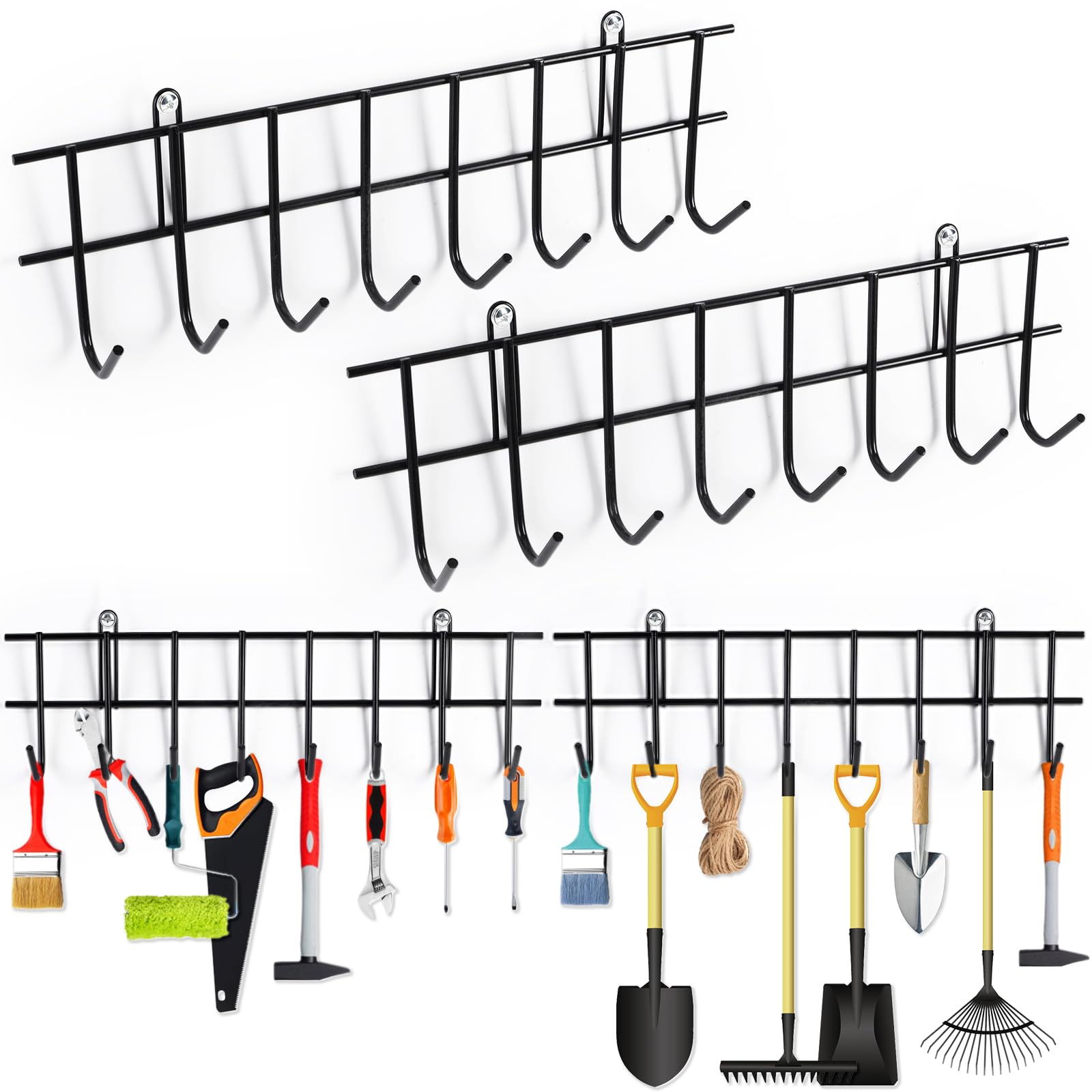 Aicoimy 2 Pack Garden Tool Hanger 16 Hooks Tool Organizer Gardening Tools Holder, Space-Saving Wall Mounted Garage Rack​ for Storage Tools, Equipment, Shovels, Rakes, Hose(32inch / 80cm)