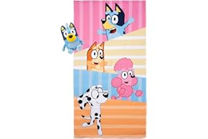 Jay Franco Bluey & Friends Bath Towel & Bath Buddy Set - Kids Bathtub Accessories - Includes 25 x 50 Inch Microfiber Towel & 13 Inch Bluey Water Play Buddy