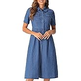 Allegra K Denim Dress for Women's Collared Short Sleeve A-Line Button Up Jean Midi Dresses