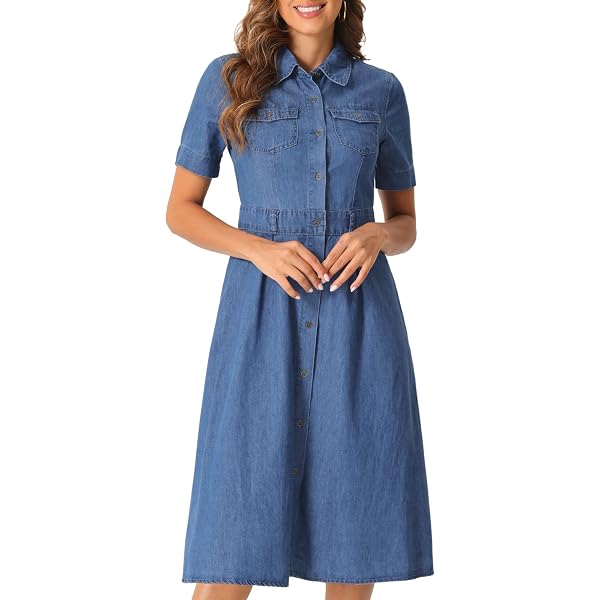EZAPINE Tunic Denim Shirt Dress for Women Summer Short Sleeve Button Down  Collared Pleated Western Jean Dresses Blue at Amazon Women's Clothing store