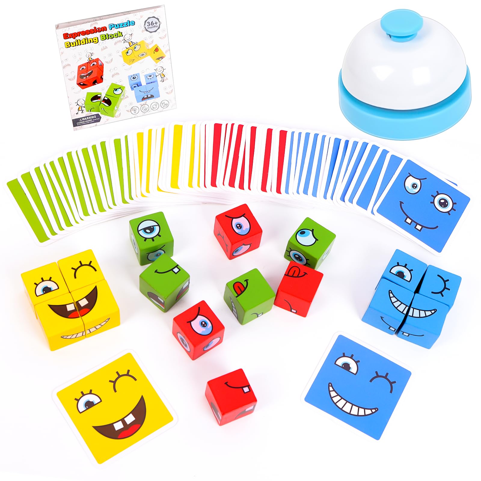 Outtshop Face Changing Magic Cube Game, Wooden 3d Puzzle Face-Changing Magic Cube with Bell, Expression Puzzle Building Blocks Pattern Matching Game for Kids and Adults