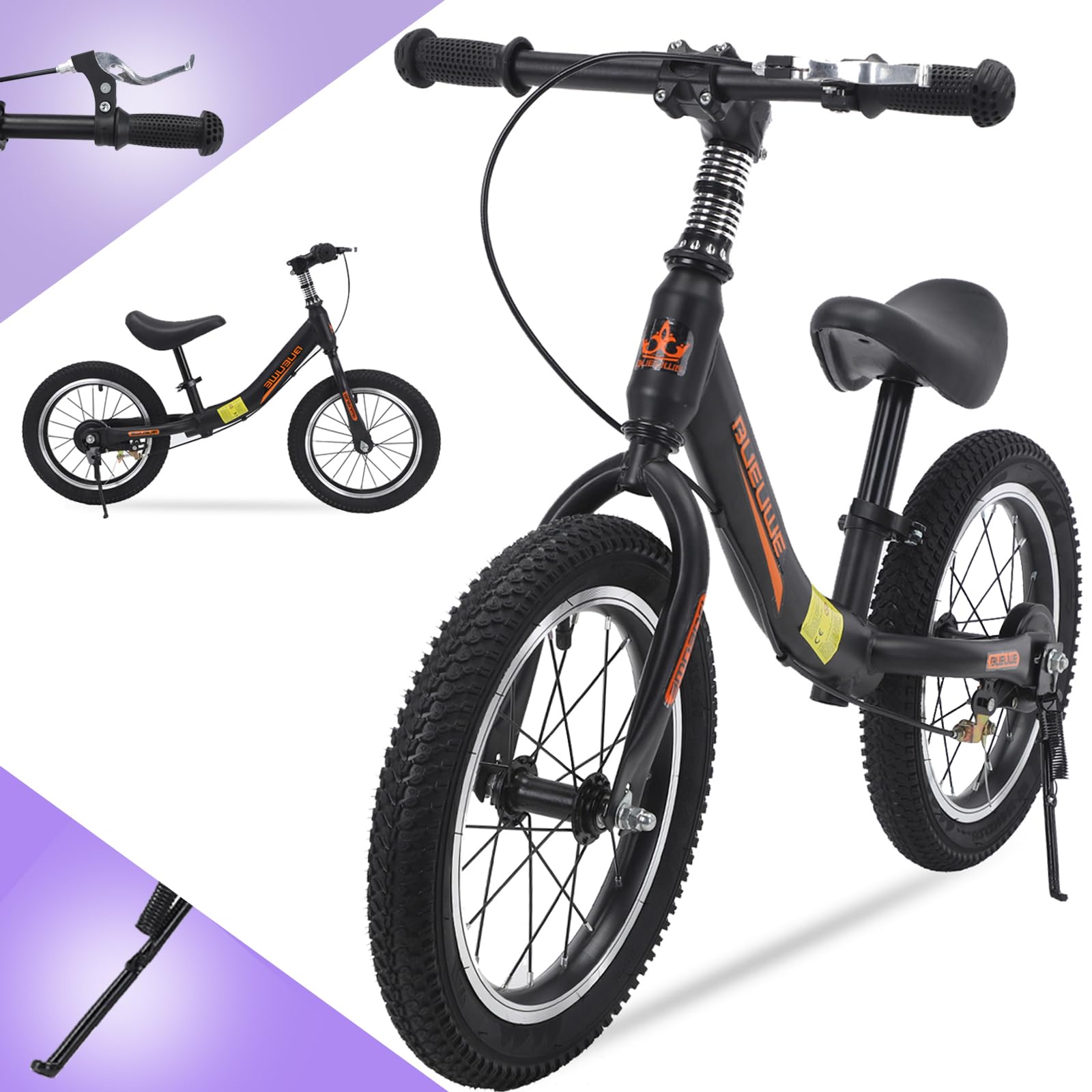 Bueuwe 14/16 inch Balance Bike for 3 4 5 6 7 and 8 Years Old Boys Girls,No pedal Training Bicycle with Brake and Kickstand,Adjustable Seat Height,Air Tires,Outdoor for Outdoor Sports,Black,14 in β image 1
