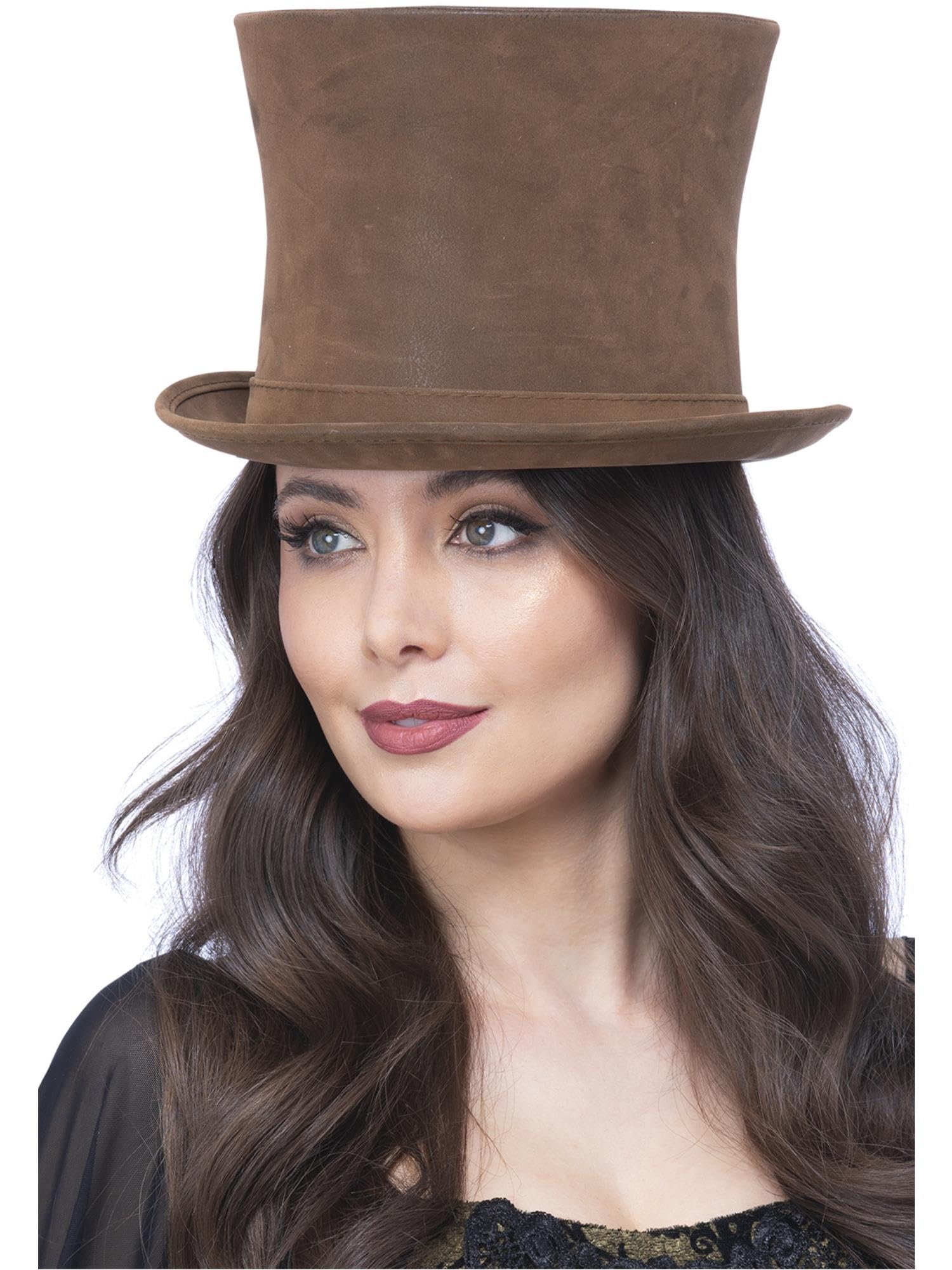 Smiffys Deluxe Authentic Victorian Top Hat, Brown Suede Look, Halloween Fancy Dress Accessory, Victorian Dress Up Hats