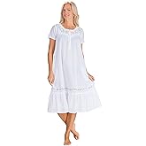 LA CERA Nightgowns - 100% Cotton Short Sleeve Gown in Sunny Flowers (White, Small)