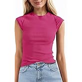 Tankaneo Womens Cap Sleeve Tops Crew Neck Ribbed Knit T Shirt Summer Casual Slim Fit Basic Tees Tshirt