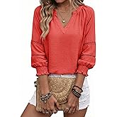 Dokotoo Womens 3/4 Sleeve Tops Pleated Business Casual Outifits V Neck Blouses Office Loose Shirts