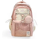 UINSUE Kawaii Backpack Double Shoulder Bag with Cute Star Removable Pouch Clear Pocket Large Capacity Dopamine Colors Daypack (Clear Pink)