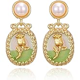LUREME Vintage Pearl Floral Earrings – Gold Enamel Flower Dangle Earrings for Women, Boho Chic Jewelry (er006414)