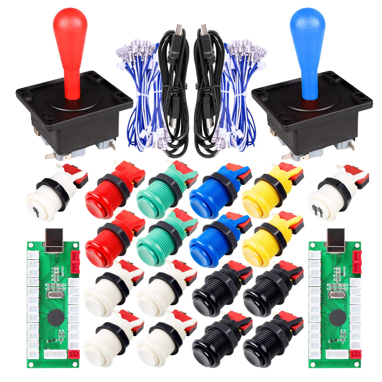 Fosiya 2 Player Arcade Game DIY Kits Ellipse Oval Happ Type Joystick Hanlde + 18x American Style Arcade Push Buttons (Includ 1p / 2p Start Buttons) (Mixed Color)
