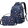 MIRLEWAIY Kids Backpack Set Boys Space Rocket School Bag Multipocket Bookbag with Insulated Lunch Box and Coin Pouch, 15.7 inch Dark Blue Rocket