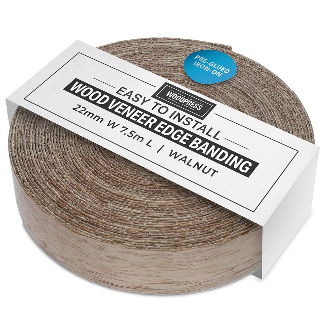 WoodPress® 22mm Real Walnut Iron-On Edging – 7.5m Roll – Pre-Glued Wood Veneer Tape for Easy DIY Application – Will Cover the Edge of a Standard MDF Panel