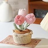 Lutoku Tulips Crochet Flowers Potted Plants, Three Tulips in One Artificial Flower, Knitted Flowers Desk Home Decor, Forever Tulips Gifts for Mother's Day, Valentine's, Thanksgiving (Pink)