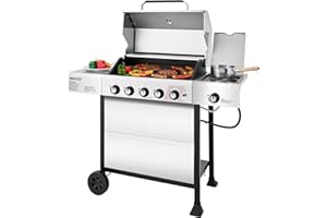 Royal Gourmet GA5401T 5-Burner BBQ Liquid Propane Gas Grill with Side Burner, Stainless Steel 61,000 BTU Output for Patio Garden Picnic Backyard Cooking, Silver