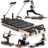 X-HOBON Pilates Board Reformer for Home Workout, Reformer Board, Glide Board, Sliding Rails, Maple Wood Deck &amp; High-Strength Steel Rails, Adjustable Resistance Bands, PU Wheels, Quick Assembly