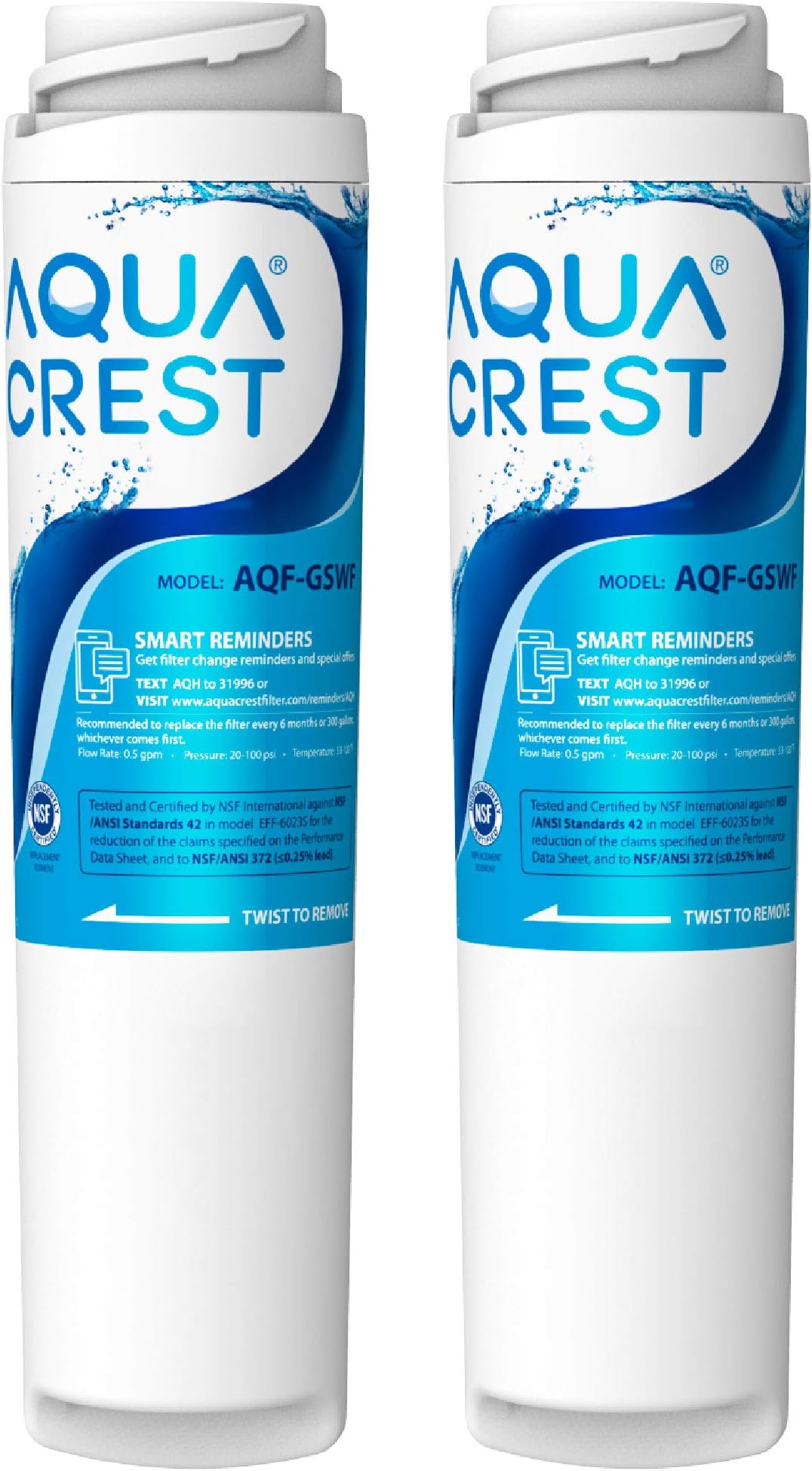 AQUA CREST GSWF Refrigerator Water Filter, Replacement for GE® GSWF Smart Water 238C2334P001, Kenmore® 46-9914, 469914, 9914, 2 Filters