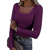 Roselux Womens Long Sleeve Scoop Neck Ribbed Knit Fitted Casual Tops Tee Slim Basic Shirts
