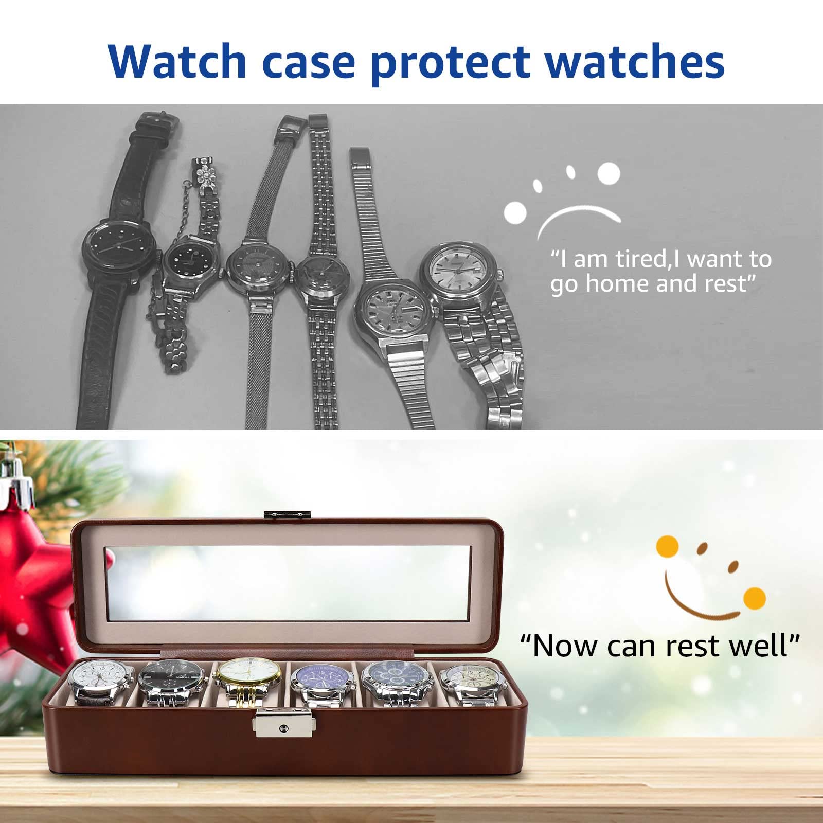 BareTulip Watch Box-Organizer for Men and Women Watch Case-Holder 6 Slot Watch Box Pu Leather Watch Display with Glass Window and Lock Brown