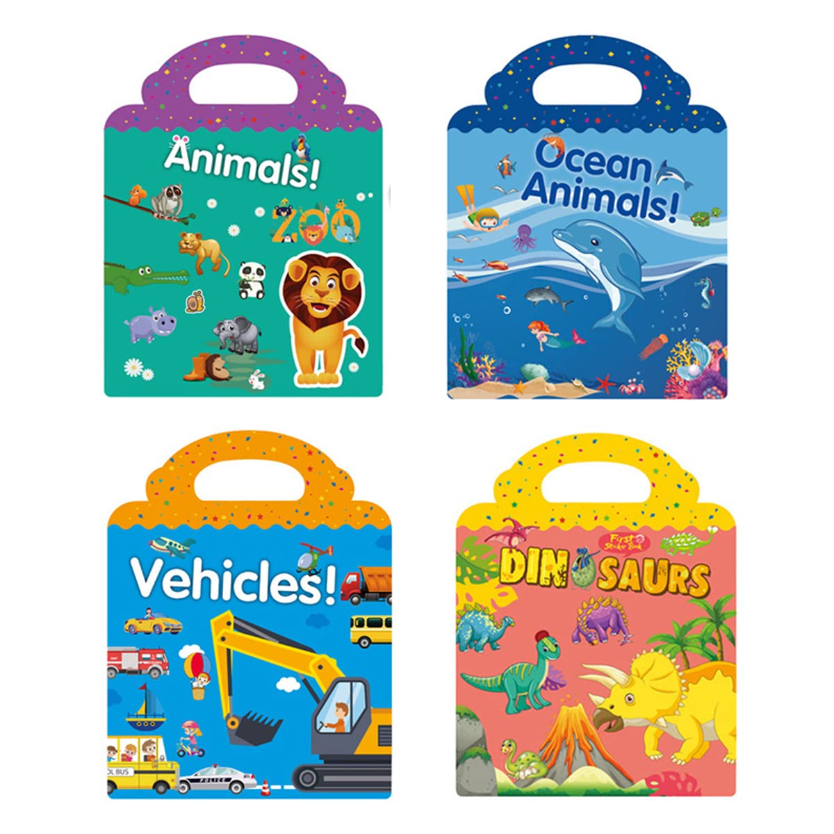 Reusable Sticker Books for Kids 4 Pack Cartoon Stickers Book Educational Toys Learning Books Birthday Gifts for Age 2 3 4 Years Old Boys Girls - Zoo+Vehicles+Dinosaurs+Ocean Animals
