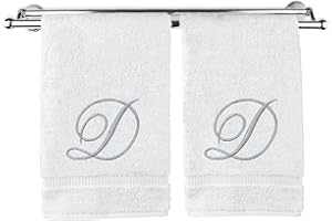 BC BARE COTTON Monogrammed Hand Towel, Personalized Gift, 16 x 30 Inches - Set of 2 - Silver Embroidered Towel - Extra Absorbent 100% Turkish Cotton- Soft Terry Finish - For Bathroom, Kitchen and Spa- Script D White
