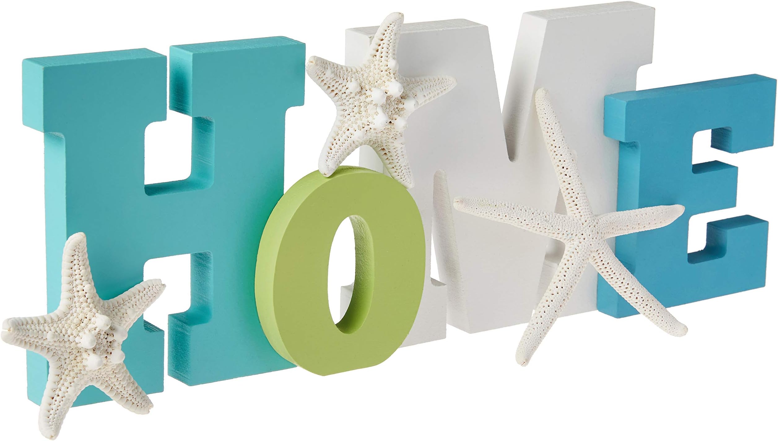 Wooden Home Word Sign with a Trio of Loose Starfish | Layered Coastal Colored | Home Beach Dรฉcor |