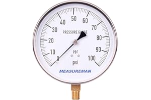 MEASUREMAN 304 Stainless Steel Case,Contractor Pressure Gauge, 0-100Psi, 4-1/2" Dial Size, 1% Accuracy, 1/4" NPT Lower Mount